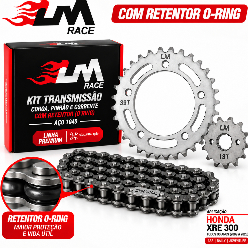 Kit Relação Transmissão Honda XRE 300 Com Retentor Kit Premium Lm Race Aço 1045 Reforçado Corrente Coroa Pinhão