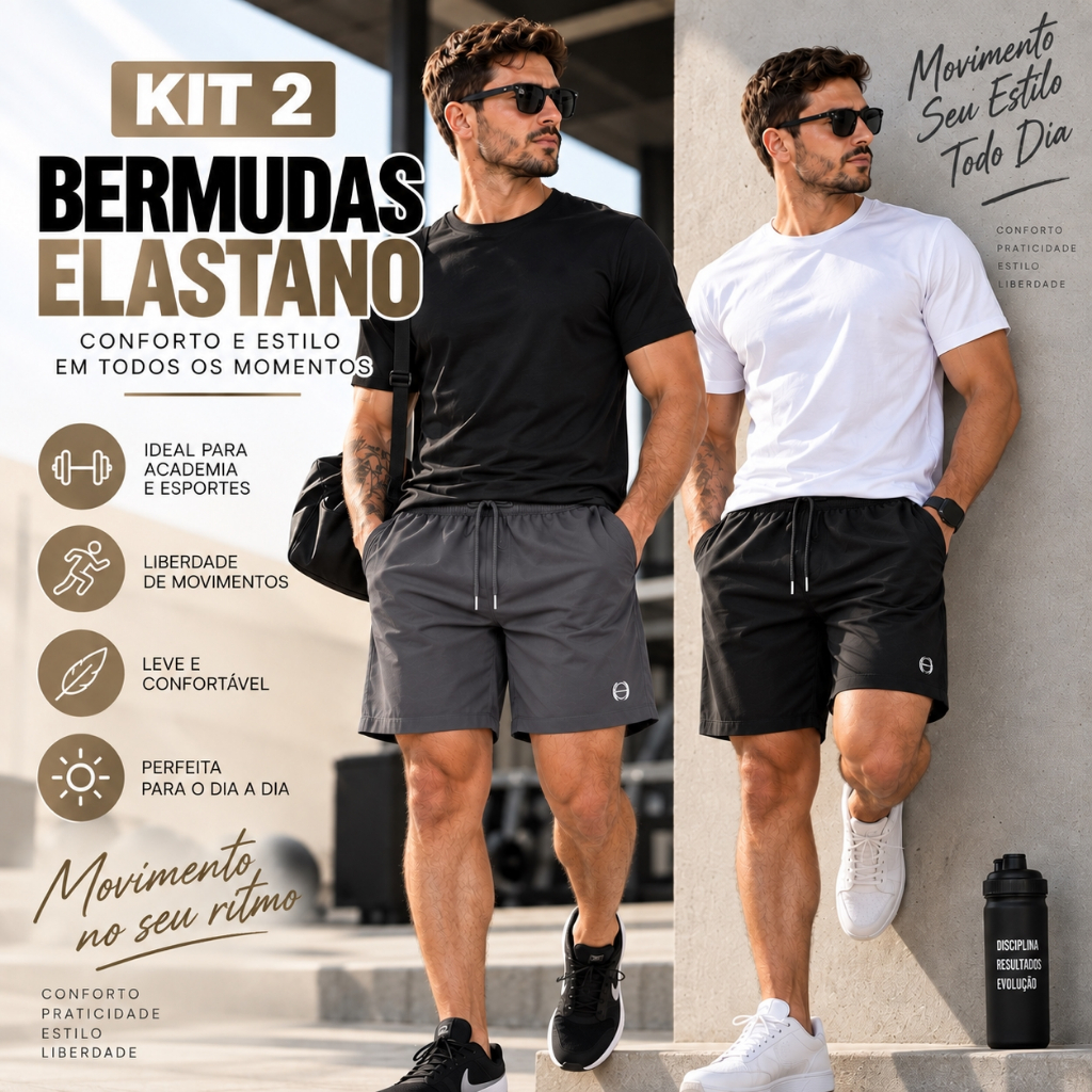 Kit 2 Bermudas Masculina Poliéster Elastano Academia Praia Casual Secagem Rápida Bolso Conforto Premium Cós Elástico