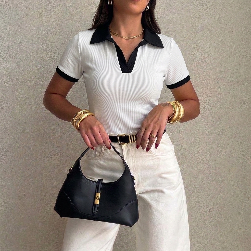 Blusa Feminina Gola Polo Bicolor Ribana Canelada Premium Elegante Casual Estilosa Manga Curta  Moda Verão
