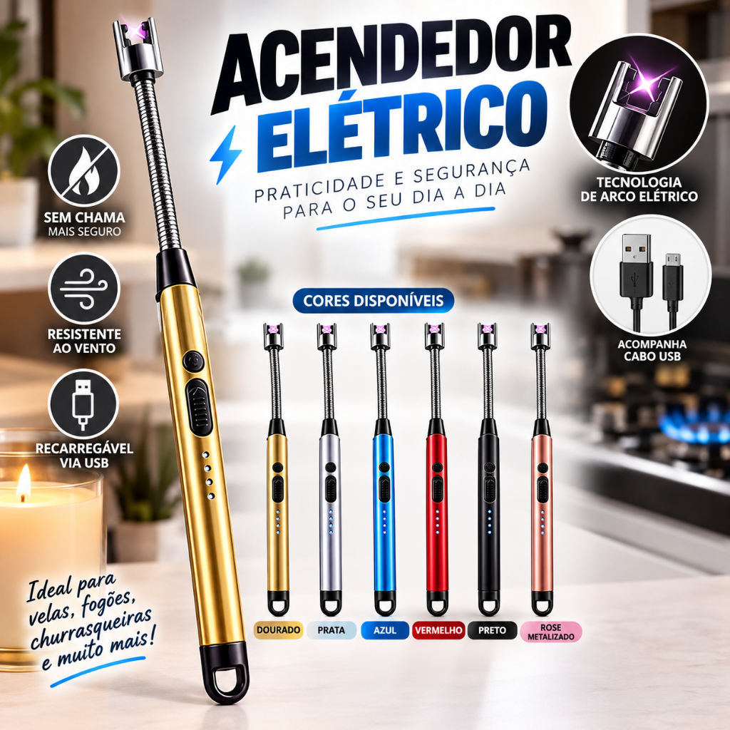 Acendedor Elétrico Recarregável USB com Haste Flexível Sem Chama Diversas Cores