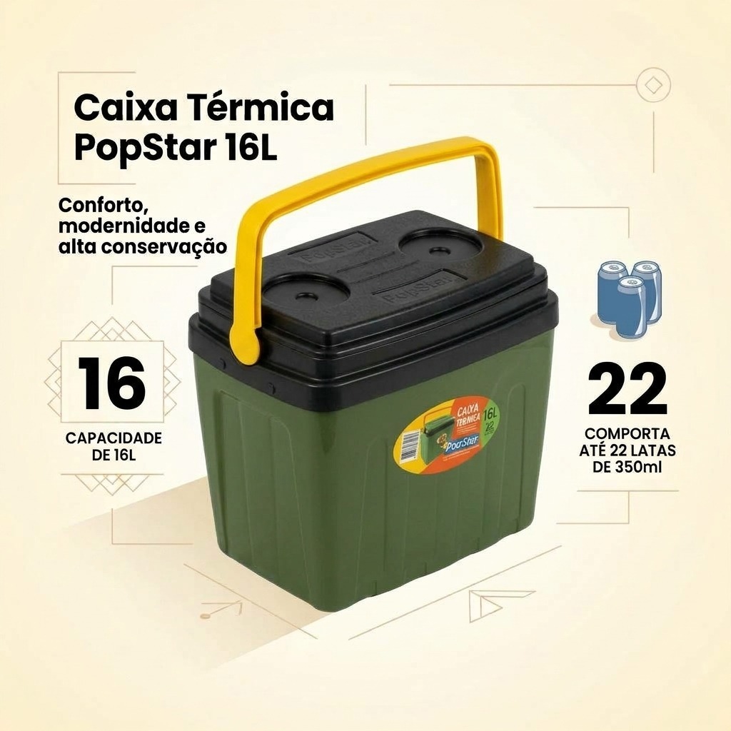 Caixa Térmica 16L Cooler Pop Star 22 Latas Com Alça e Porta-Copos - Portátil Praia Camping Viagem