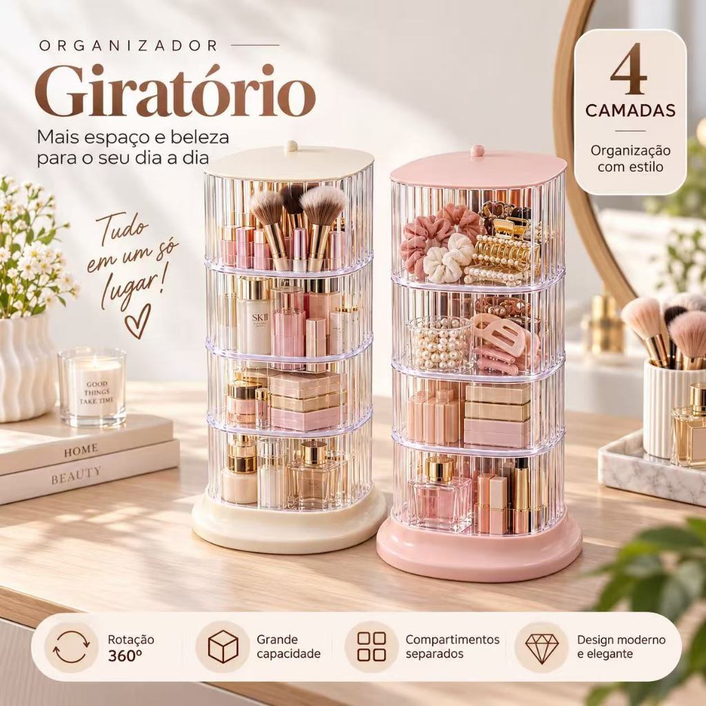 Organizador Giratório 360° 4 Camadas para Maquiagem, Joias e Acessórios com Compartimentos Transparentes – Organizador d