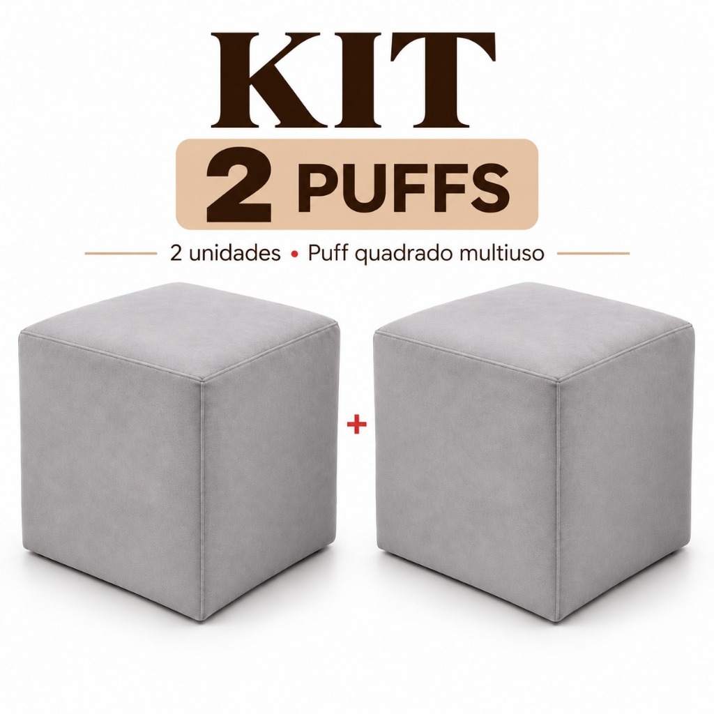Kit 2 Puffs Quadrado Todo Revestido Suede Decorativo Sala Multiuso