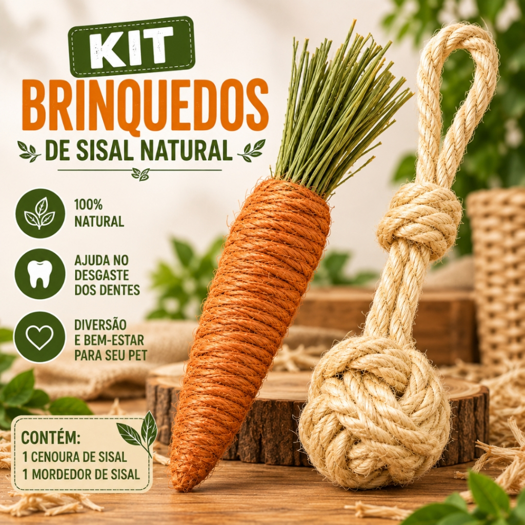 Kit 2 Brinquedos de Sisal Mordedor Natural P/ Roedores Coelhos Hamsters Chinchilas