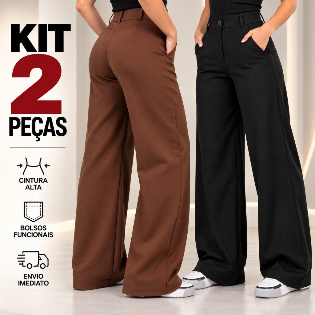 Kit 2 Calça Alfaiataria Feminina PREMIUM Wide Leg Com Bolso Cintura Alta Tendencia ENTREGA RAPIDA