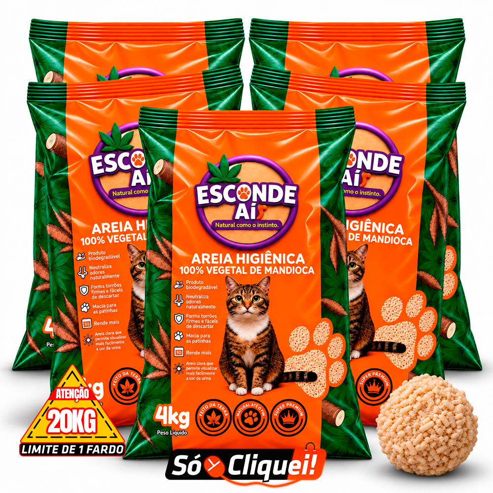 Kit 5 Areia de Mandioca Esconde Aí Granulado Sanitário 100% Biodegrável de Gato Forma Torrões Alta Absorção 4 a 20KG