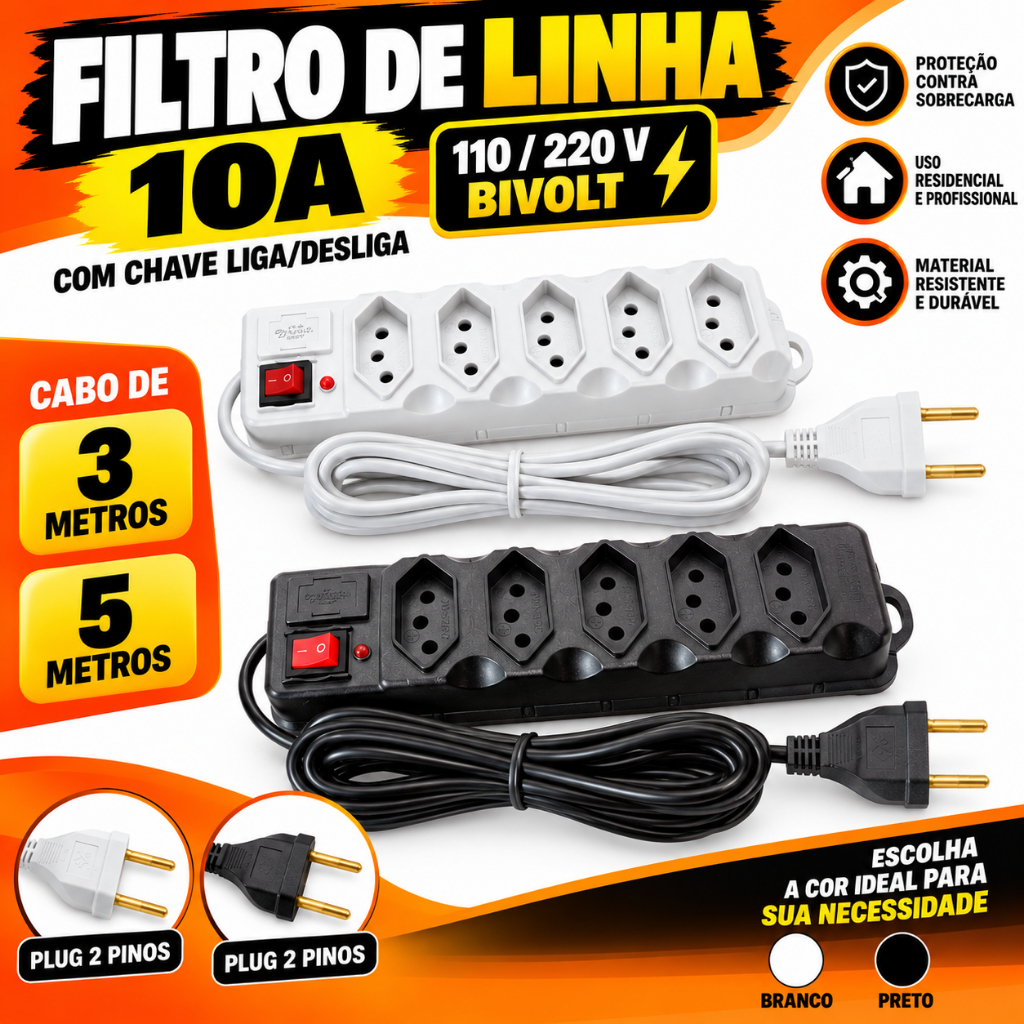 Filtro de Linha Régua Elétrica 5 Tomadas Cabo 3 e 5 Metros 10A Bivolt