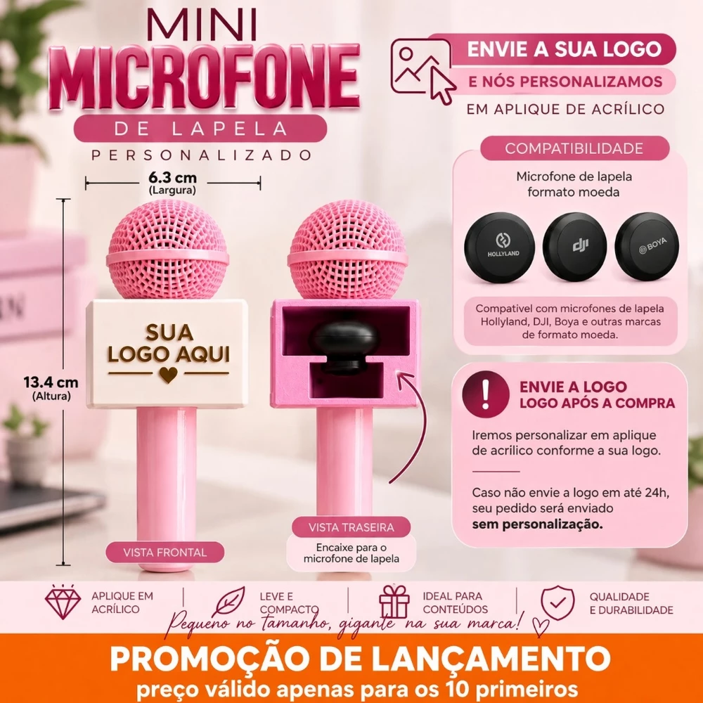 Mini Microfone de Lapela Personalizado com Logo em acrilico | Suporte para Microfone Hollyland