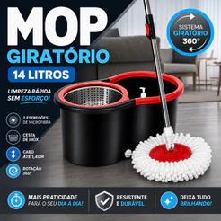 Mop Giratório 14 Litros Balde Com Cesto Inox 2 Refis Microfibra Cabo 1,40m Esfregão 360