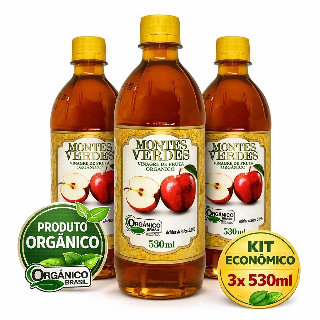 Kit 3x Vinagre de Maçã Orgânico Zero Açúcar 530ml Montes Verdes