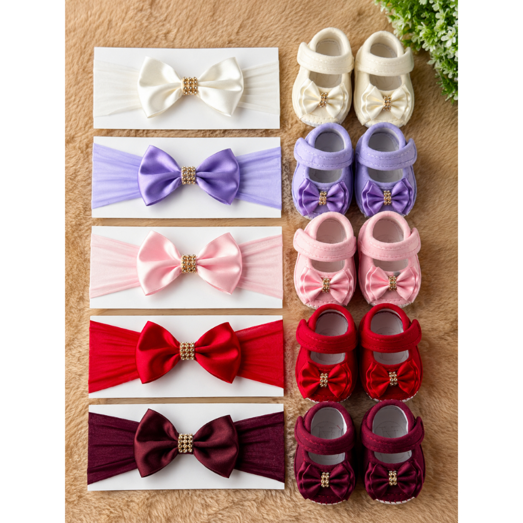 Kit Laço e Sapatinho Bebê Menina Recem Nascido (6 pares de sapato, 6 laços)