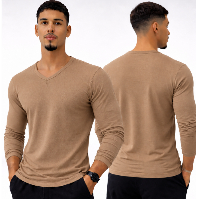 Camiseta Masculina Canelada Básica de Manga Longa em Tecido Leve e Flexível