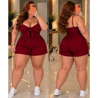 Macaquinho Plus Size Feminino Macacao Curto Feminino Plus Size Laço Busto Elastico Costas Verão Blogueira