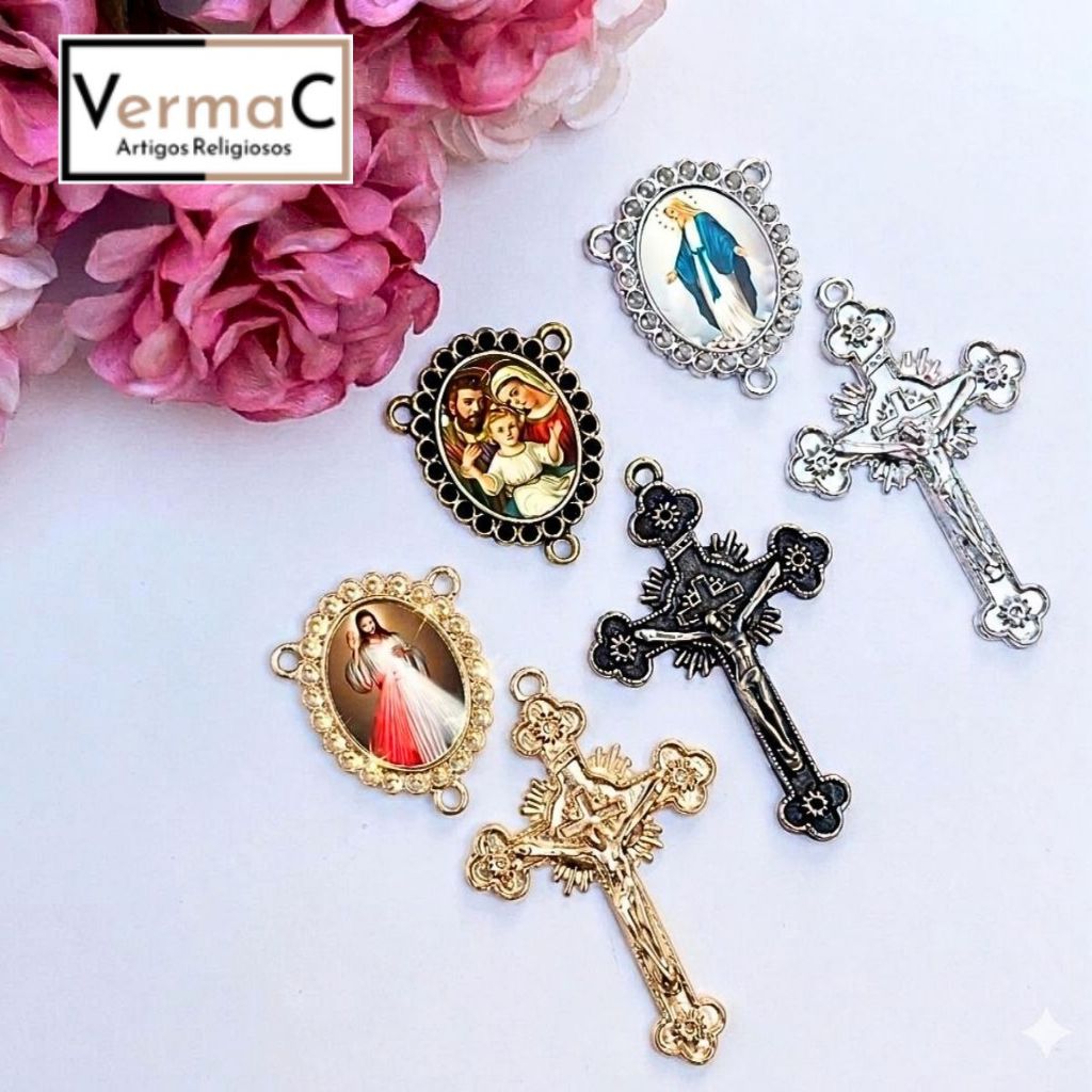 Crucifixo + Entremeio Resinado com Santos de Devoção para Montagem de Terços