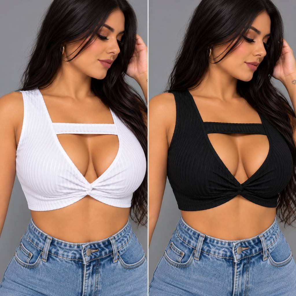 Cropped Feminino Canelado Premium com Bojo, Detalhe de Nó Frontal, Confortável e Elegante.