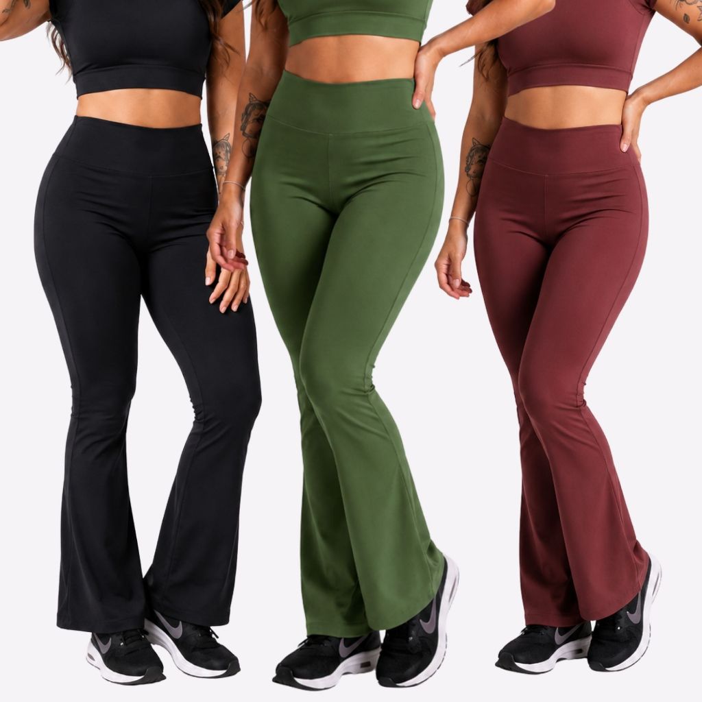 Kit com 3 Calças Flare Bailarina Feminina Alta Compressão Academia E Fitness Zero Transparência