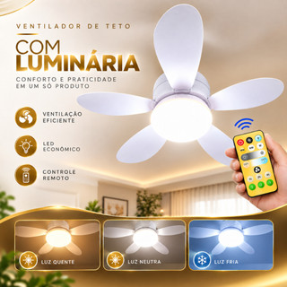 Ventilador de Teto 80W 5 Hélices com Controle Remoto LED 3 Cores Silencioso Potente