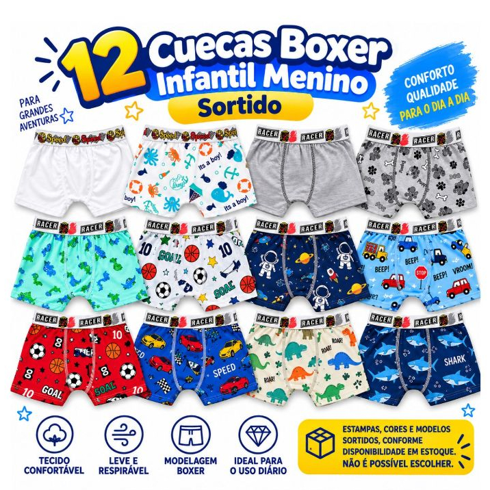 12 Cuecas Boxer Infantil Menino em Microfibra