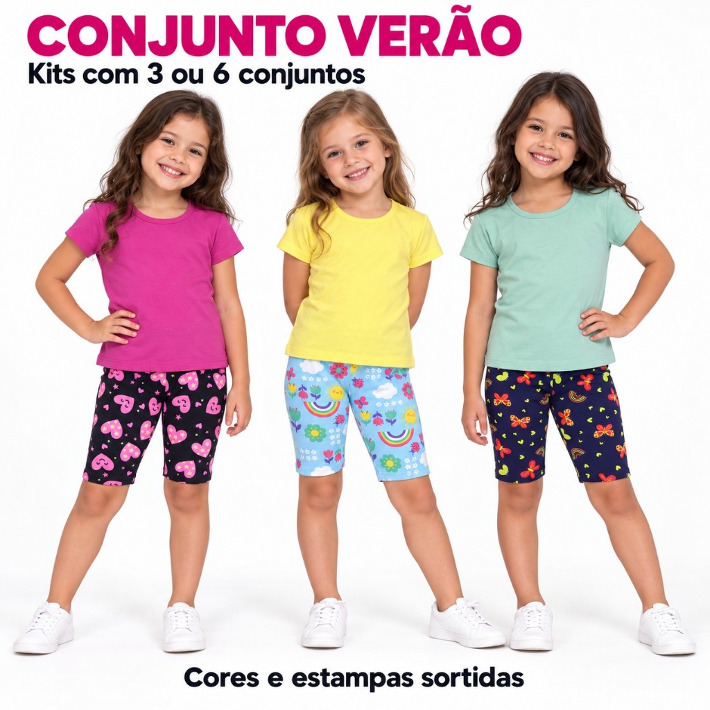 Conjunto Infantil Feminino Verão Cotton Blusa Manga Curta Bermuda Ciclista Cores Sortidas Tamanhos 1 ao 12