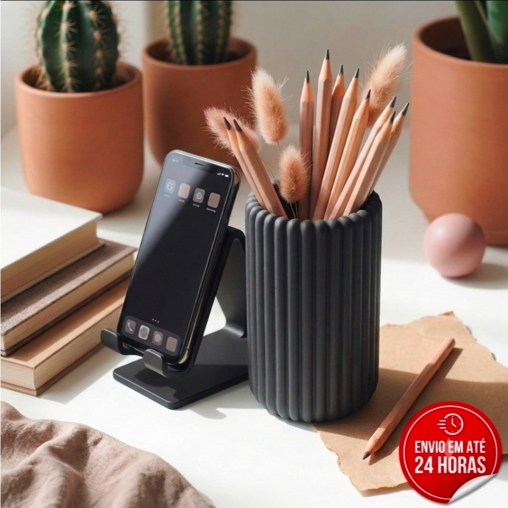 Kit Organizador de Mesa Escritório Suporte Celular de Mesa Rígido Universal Porta Caneta Multiuso Porta Lápis Smartphone