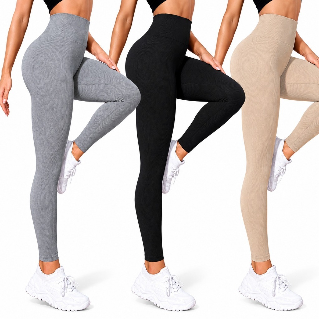 Calça Legging Canelada Cintura Alta Feminina Academia Fitness Sem Costura Elástica Confortável Modeladora -Tamanho Unico