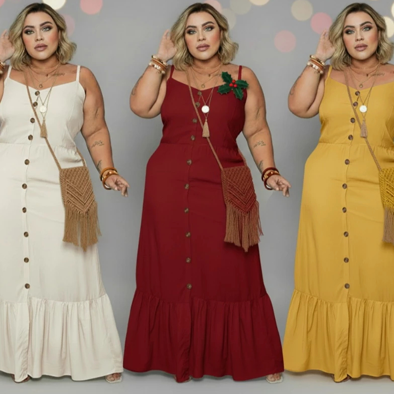 Vestido Alça Plus Size Detalhe Botão Na Frente Vestidinho Soltinho Longo 2759PLUS