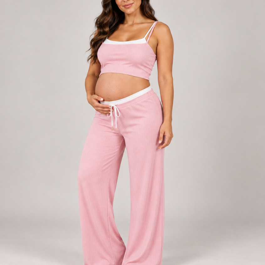 Conjunto Gestante Bicolor Ribana Cropped e Calça Pantalona Hot Pant Fake Alta Elasticidade
