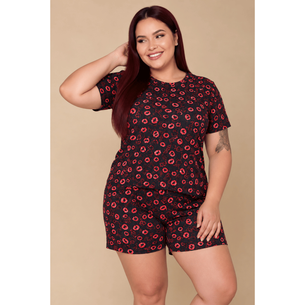 Pijama Conjunto Curto Feminino Plus Size Sued Estampado Confortável Smara Modas — imagem 2 de 2