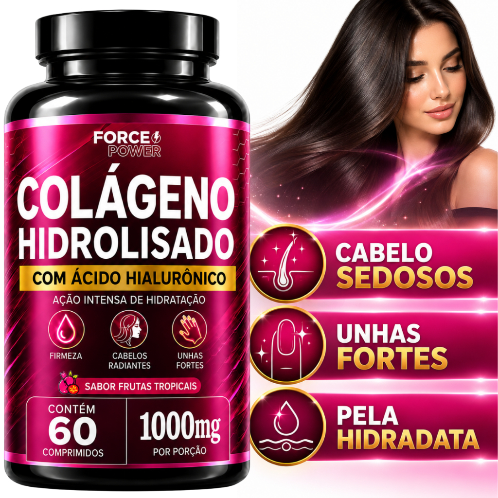 Colágeno Hidrolisado com Ácido Hialurônico 1000mg 60 Comprimidos Mastigáveis para Pele Cabelos e Unhas