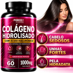 Colágeno Hidrolisado com Ácido Hialurônico 1000mg 60 Comprimidos Mastigáveis para Pele Cabelos e Unhas