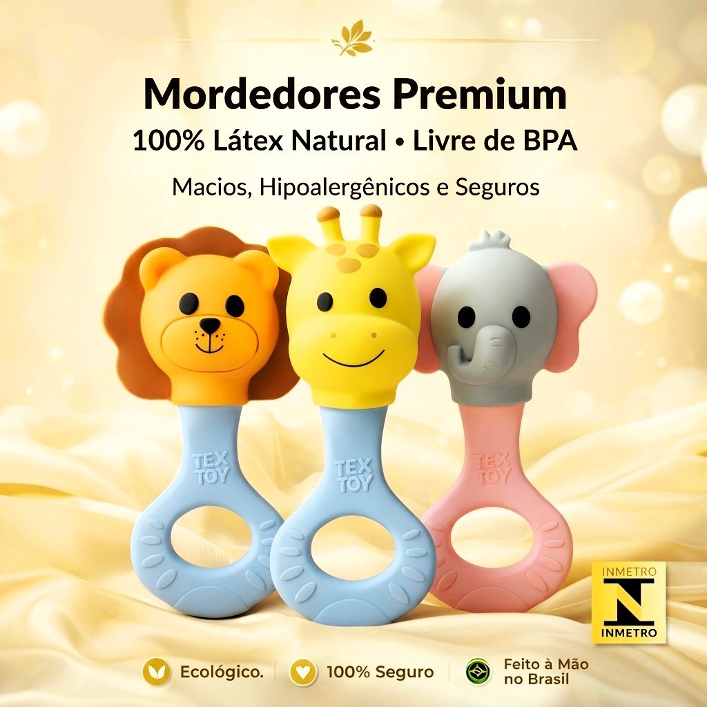 Mordedor com Chocalho Para Bebê Brinquedo Sensorial Macio Linha Safari Infantil Tex Toy 100% Látex