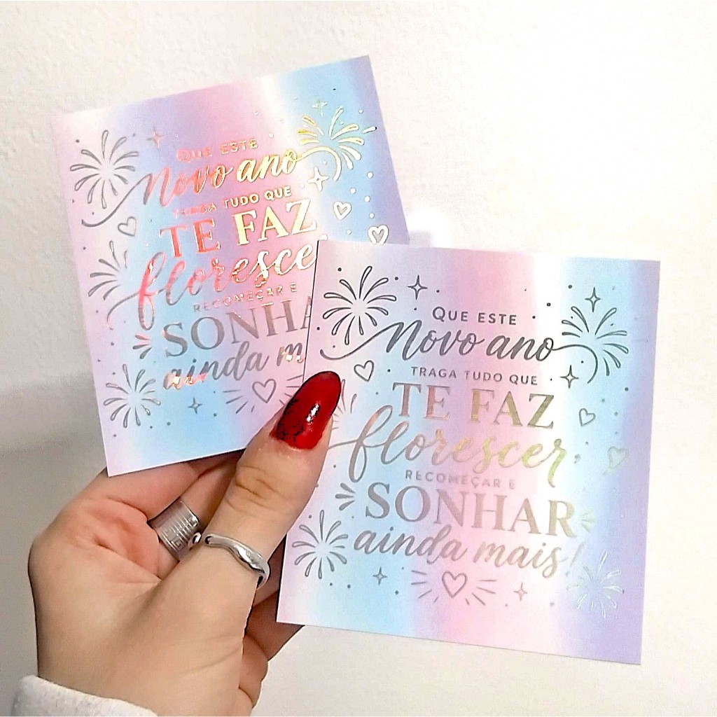 Cartão Postal Feliz Ano Novo com calendário 8,8x9,8cm Hot Stamping Holográfico, agradecimento ao cliente, mimo natal — imagem 2 de 2