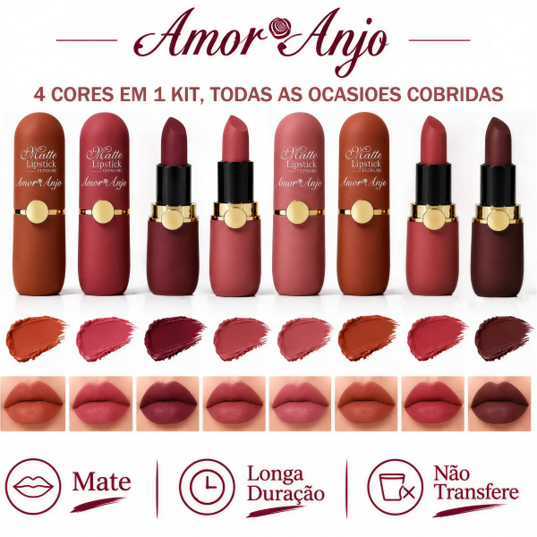 Kit Batom Mate Aveludado- À Prova D'água,Alta Cobertura,Hidratante e Duradouro