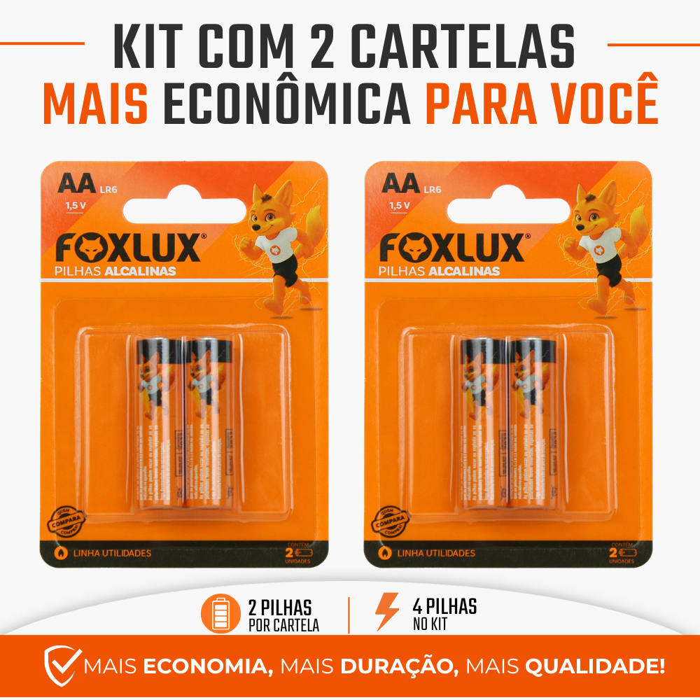 Pilha Alcalina AA Pequena Foxlux 1,5V LR6 Kit com 4