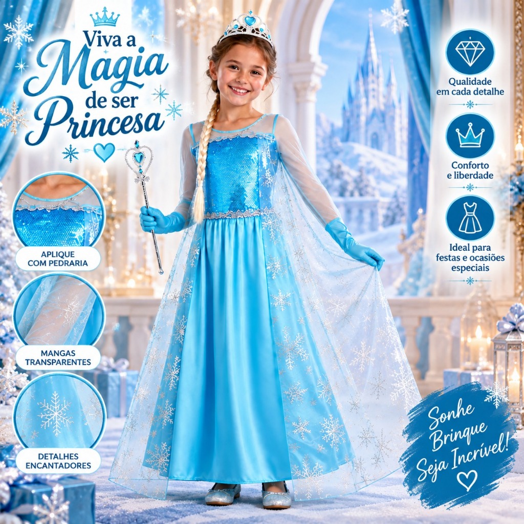 Fantasia Vestido Infantil Elsa Frozen Com Capa Com e Sem Acessórios