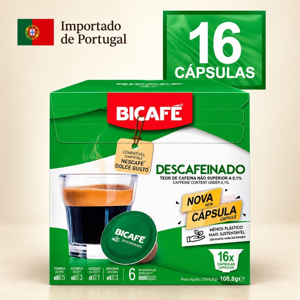 Cápsula Café Descafeinado 16 Cápsulas Bicafé Compatível Dolce Gusto Intensidade 6