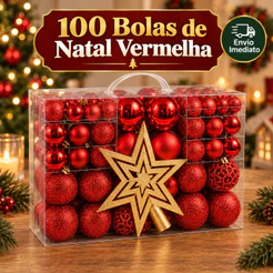 100 Bolas de Natal Vermelhas com Estrela Ponteira Lisas Foscas Glitter Enfeite Decoração Árvore de Natal