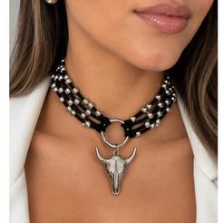 Choker Country com Pingente Prata – Choker de Courinho com Esferas