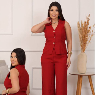 CONJUNTO FEMININO GOLA ELEGANTE CALÇA PANTALONA + BLUSA COLETE BOTÕES FUNCIONAL TECIDO MARRANT ELEGANTE CHIC
