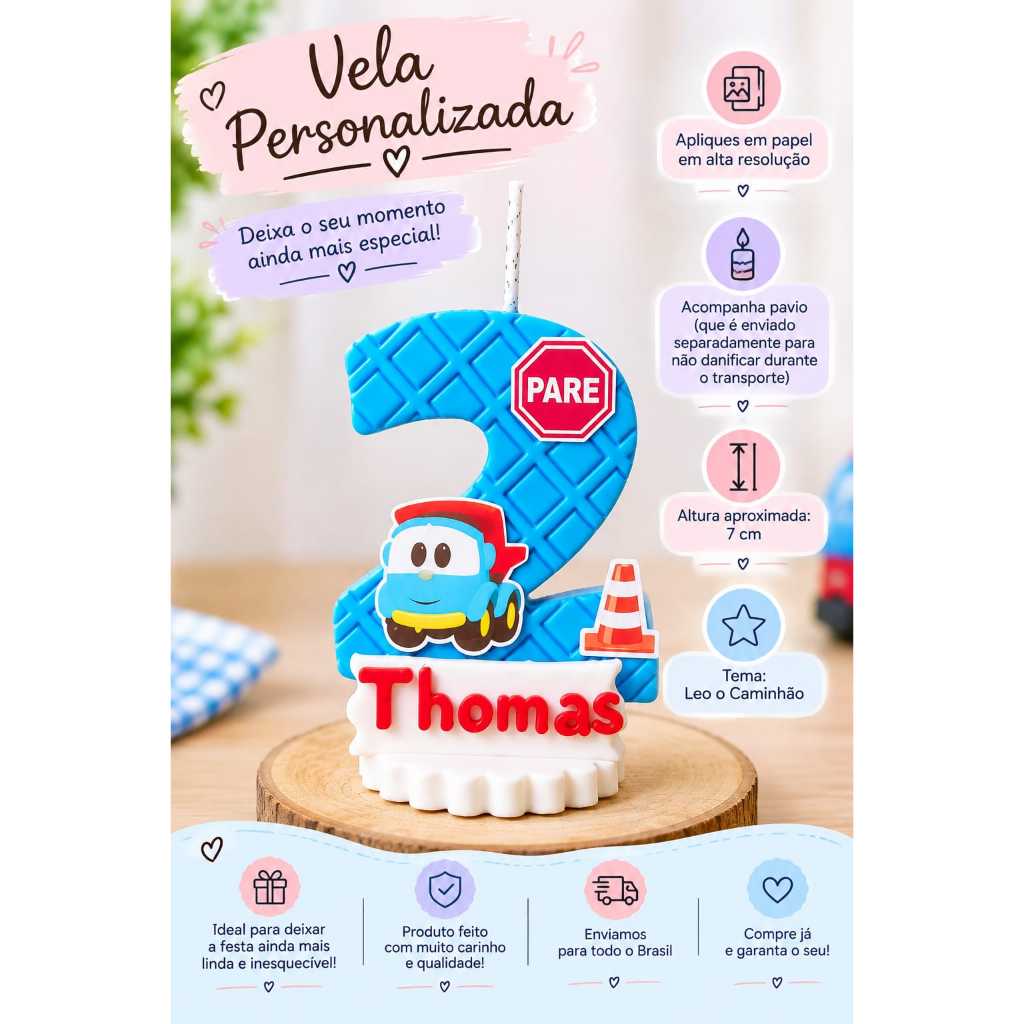 Vela biscuit personalizada + tema Caminhão Léo O caminhão