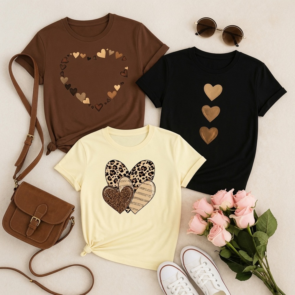 Kit 3 Camisetas Femininas Algodão T-shirt Corações Terrosos e Oncinha Blusa Feminina Estampada Manga Curta