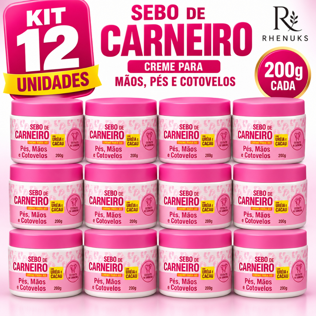 KIT 12 CREME SEBO DE CANEIRO Creme Hidratante Para Mãos Pés Cotovelos 200g Rhenuks Uso Diário