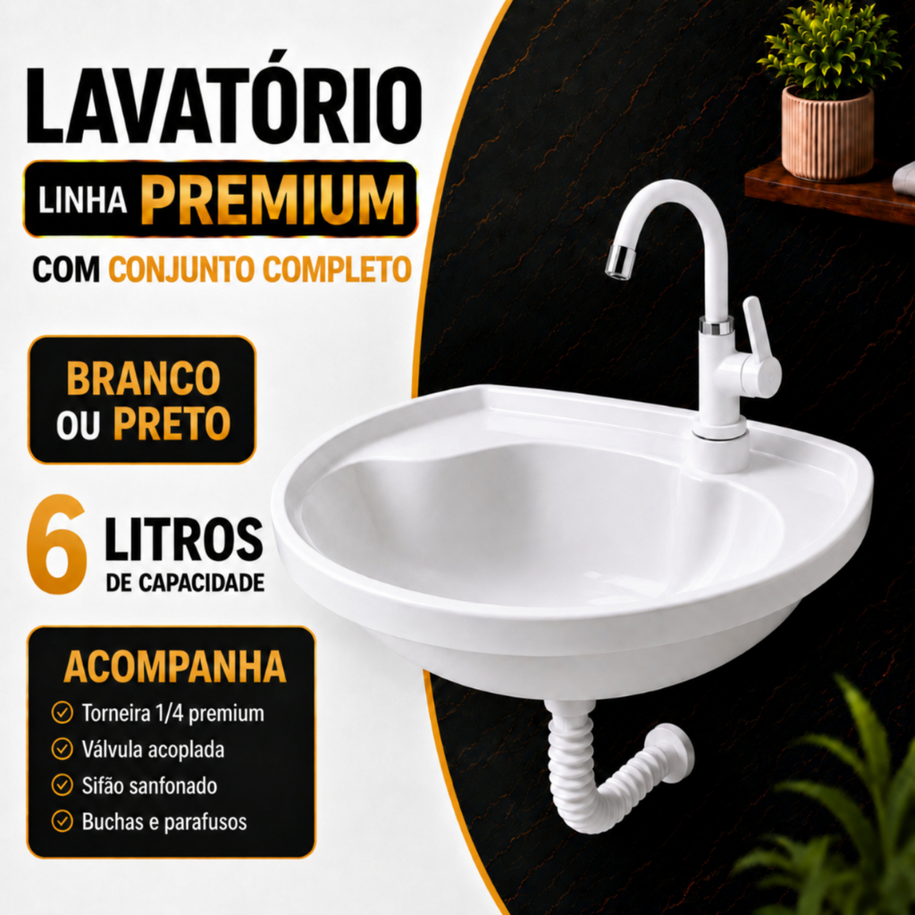 Lavatório Completo Plástico 6L Pia Cuba Torneira Giratória Sifão Válvula Acoplada Bucha Parafuso Banheiro