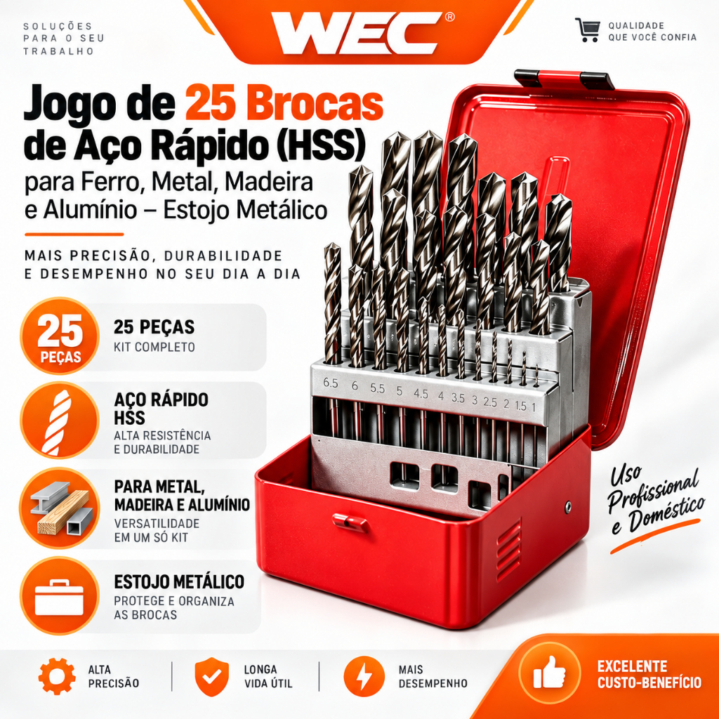 Jogo de 25 Brocas de Aço Rápido (HSS) para Ferro, Metal, Madeira e Alumínio – Estojo Metálico