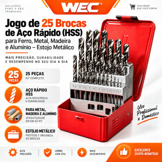 Jogo de 25 Brocas de Aço Rápido (HSS) para Ferro, Metal, Madeira e Alumínio – Estojo Metálico