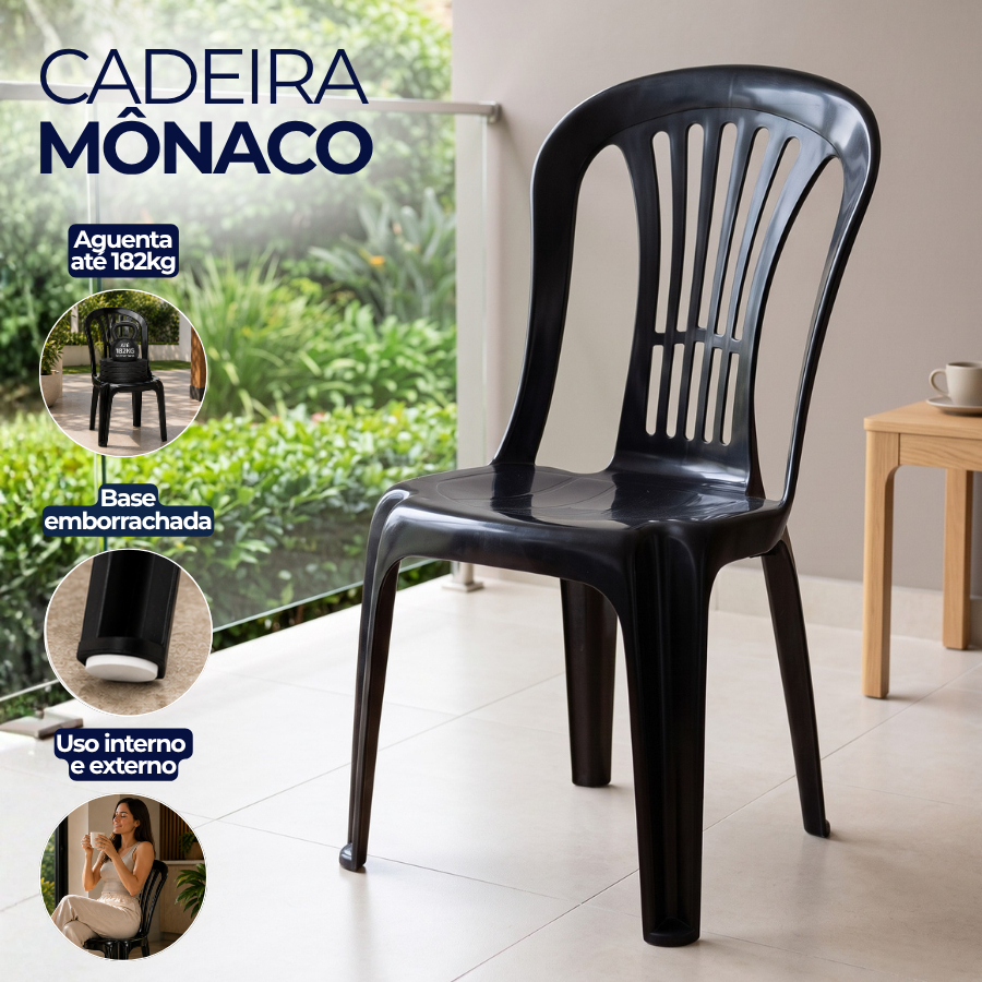 Cadeira Mônaco Plástico 182kg Empilhável Resistente Área Interna Externa Bar Jardim Antiderrapante