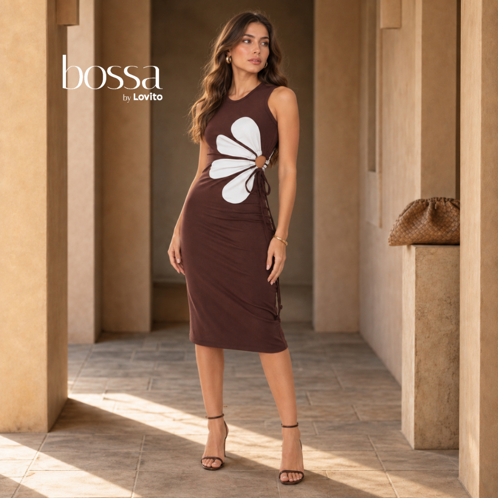 Lovito Bossa l Vestido Feminino Casual Liso com Recorte de Flores DRB889BRL919