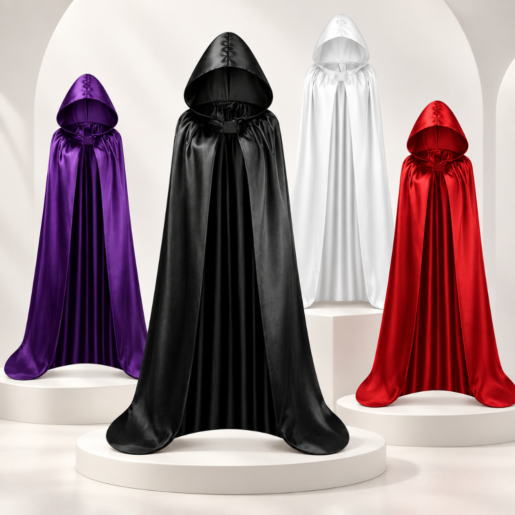 Capa Fantasia Halloween Drácula Adulto Cores Variadas Longa com Capuz de Cetim para Festa e Cosplay