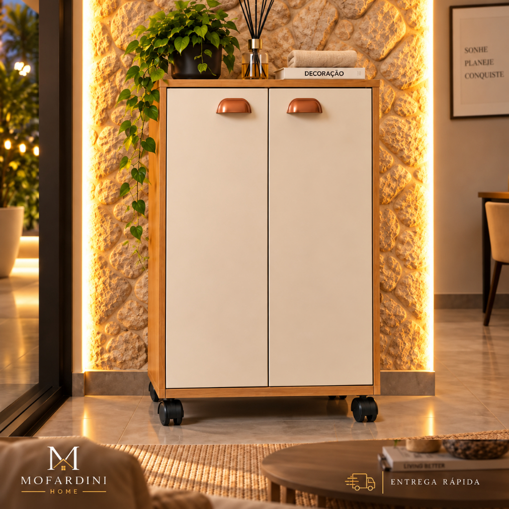 Armário Multiuso Puxador Concha 96cm com Rodas 2 Portas 2 Prateleiras Organizador Lavanderia Cozinha Quarto Escritório