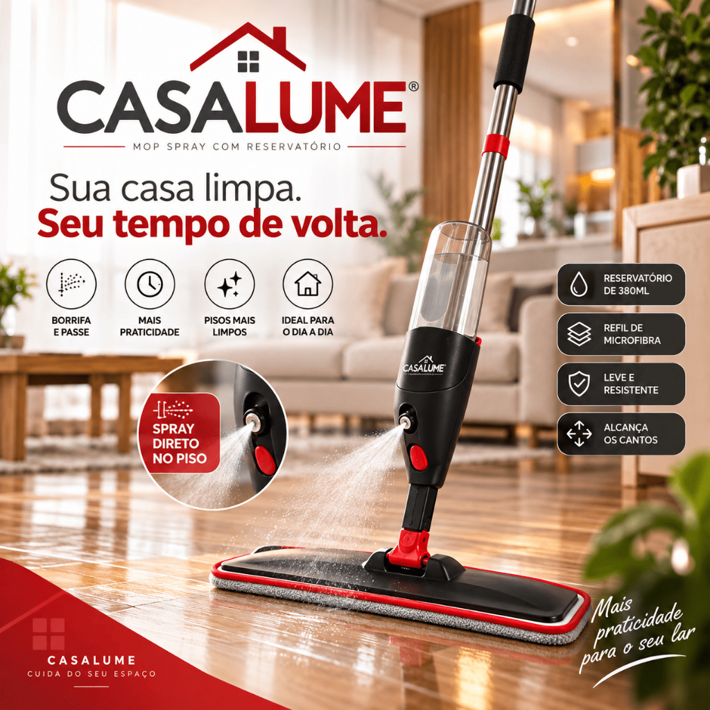 Mop Spray com Reservatório 380ml CASALUME Microfibra para Limpeza de Pisos